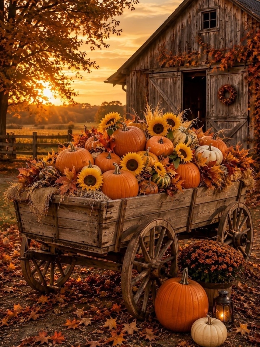 Autumn Pumpkin & Sunflower Harvest Wagon 8x10 Print